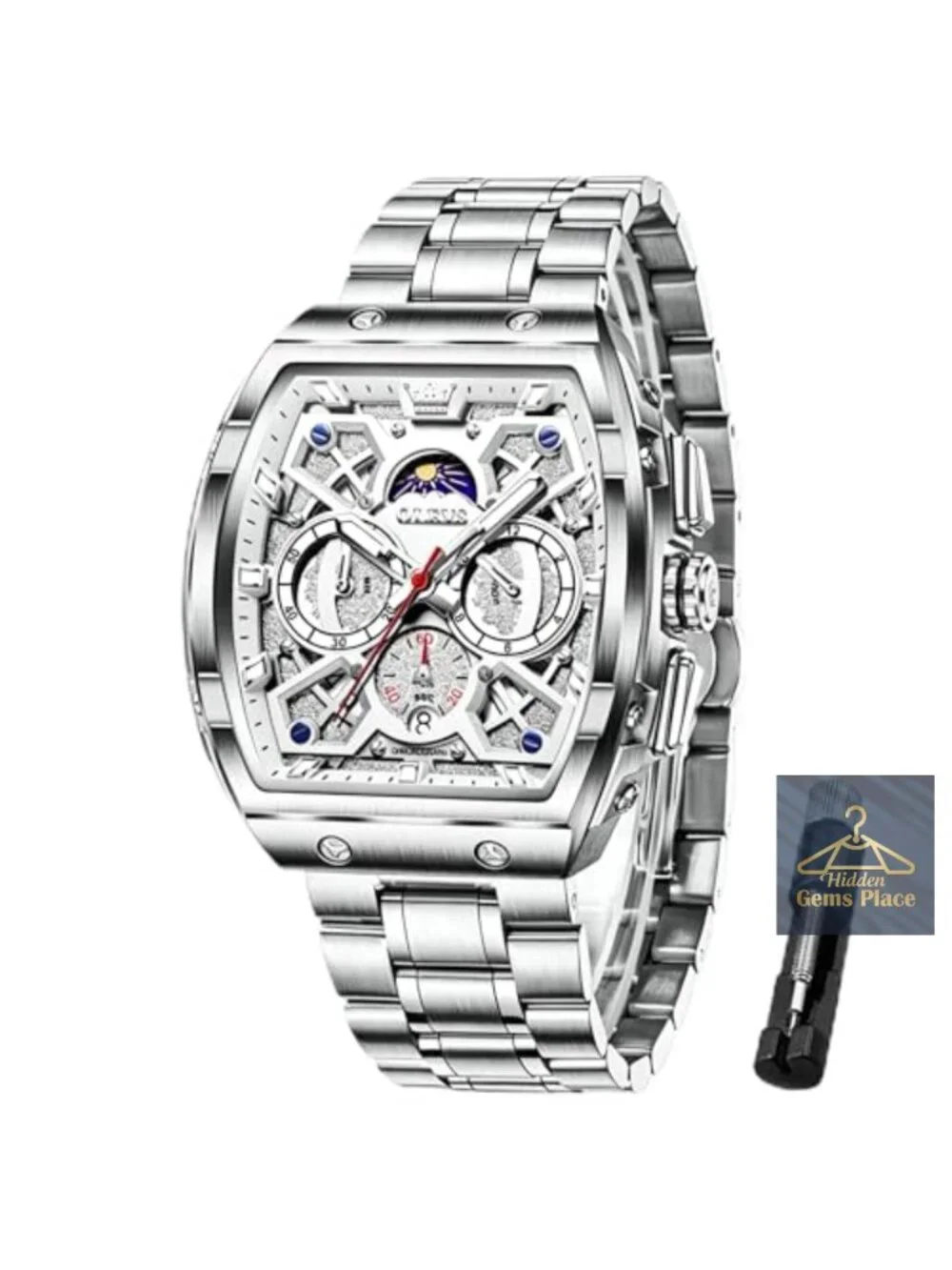 Men's Square Watch Chronograph Date Moon Phase Luminous Hands Stainless Steel